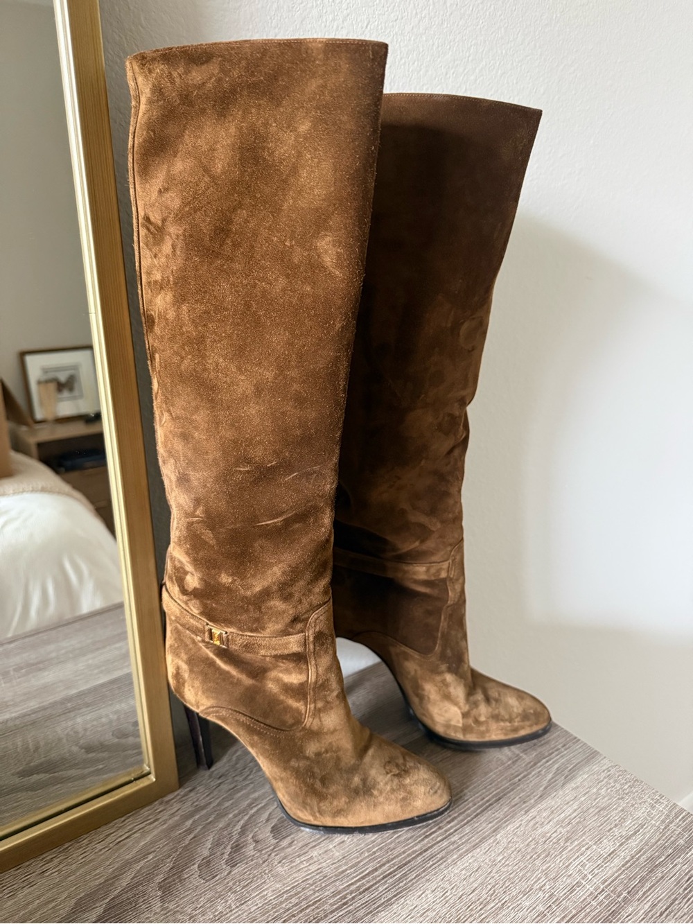 Yves Saint Laurent Camel Suede Knee-High Stiletto Boot - Picture 2 of 5